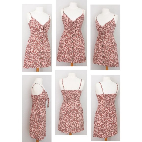 Mimi Chica Mauve Cream Floral Bow Tie Front Cutout Button Front Mini Dress M - Picture 9 of 9